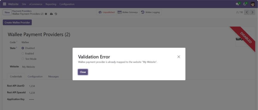 Message Displayed the Website is already Mapped to a Wallee Provider