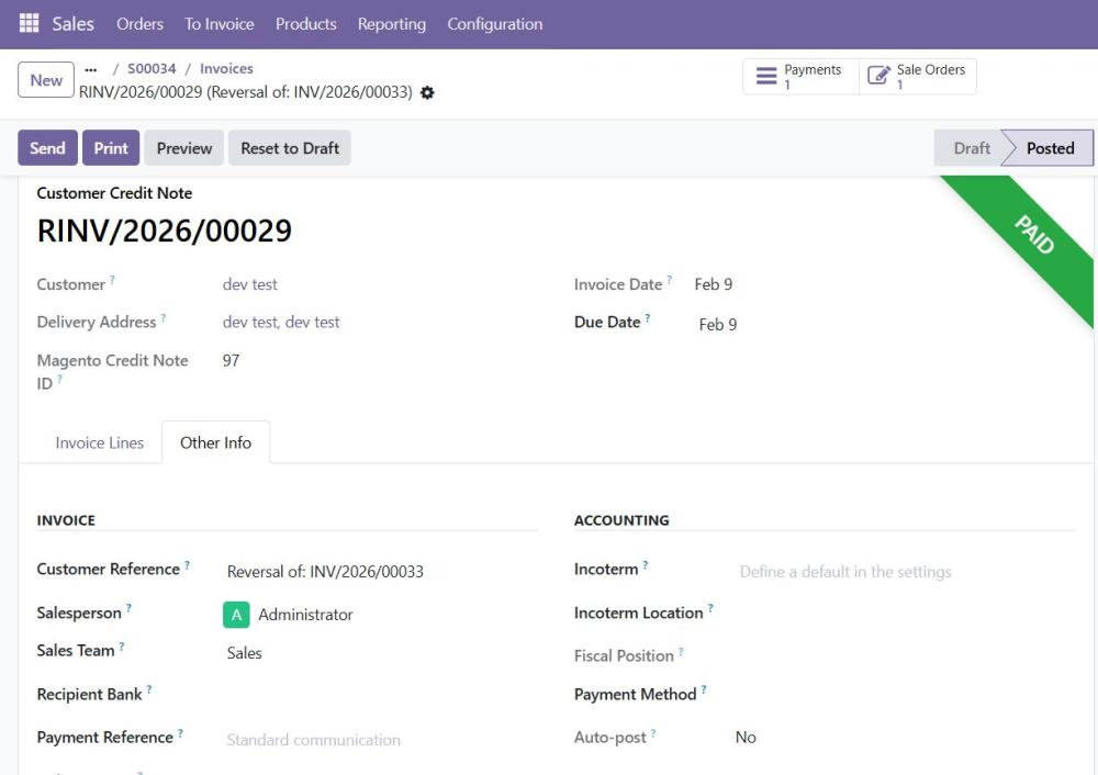 Odoo credit notes synced to Magento.
