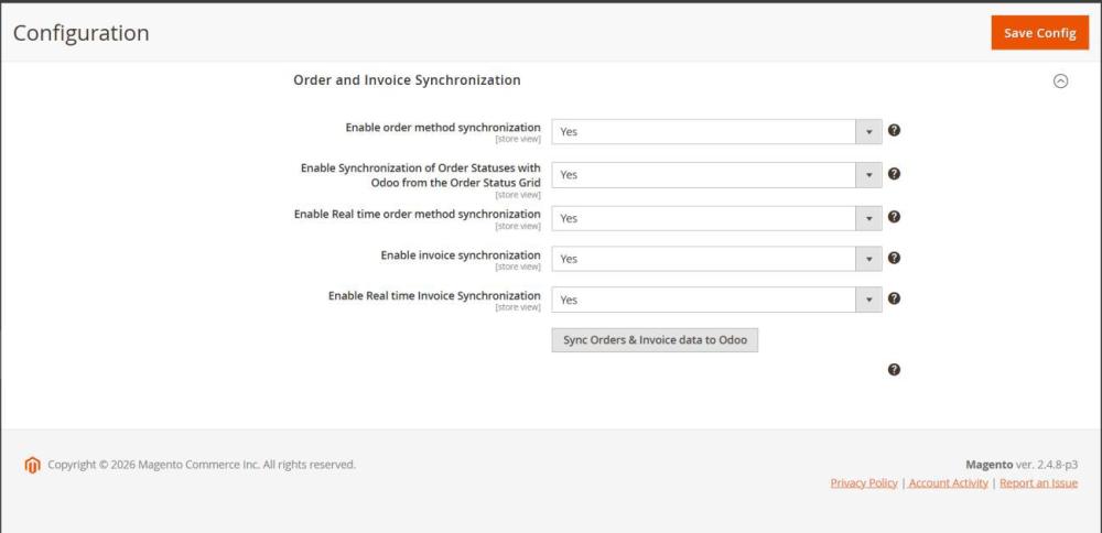 Order& Invoice Synchronization settings in Magento admin panel for
managing order syncing with Odoo