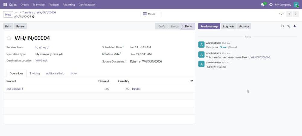 Return shipment synced from Odoo to Magento