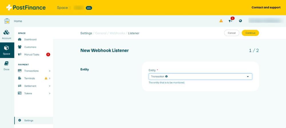 Screenshot 10 showing Page 1 of the PostFinance interface for creating a new webhook listener