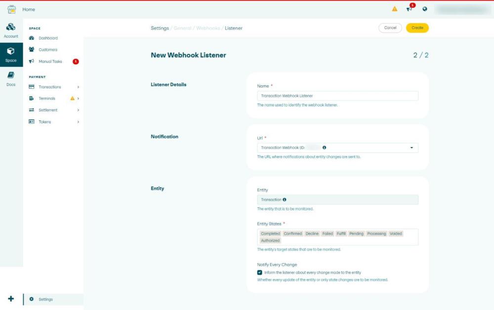 Screenshot 11 showing Page 2 of the PostFinance interface for creating a new webhook listener