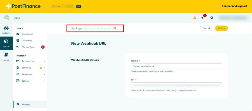 Screenshot 9 showing the PostFinance interface for creating a webhook URL