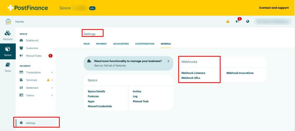 Screenshot 8 showing the PostFinance webhook settings page used to configure payment webhooks