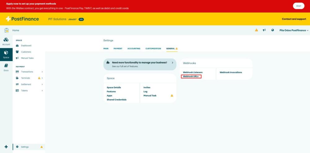 Screenshot 19: PostFinance Space Settings webhook URLs