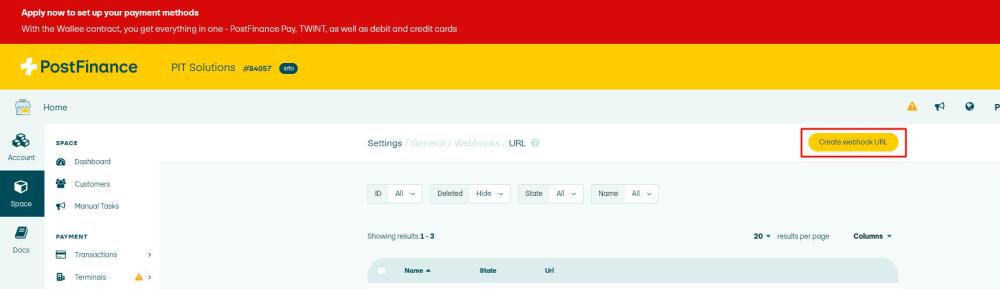 Screenshot 20: PostFinance Create webhook URLs