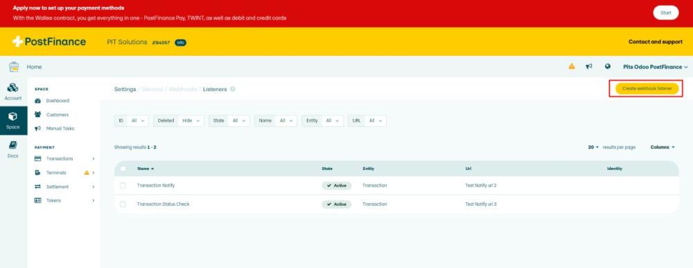 Screenshot 23 showing the PostFinance page used to create and configure a webhook listener
