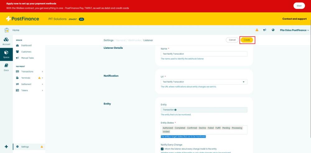 Screenshot 24 displaying the PostFinance webhook listener interface with configuration options