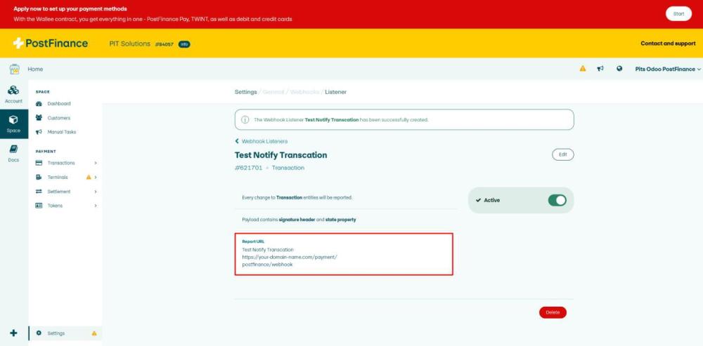 Screenshot 25 showing the successfully created webhook listener in the PostFinance dashboard