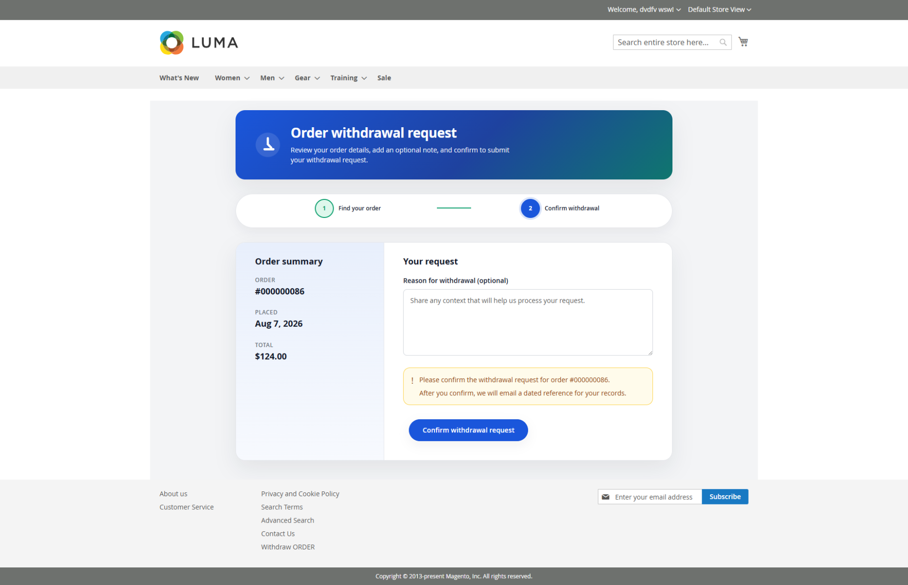 Magento 2 Withdraw button Extension